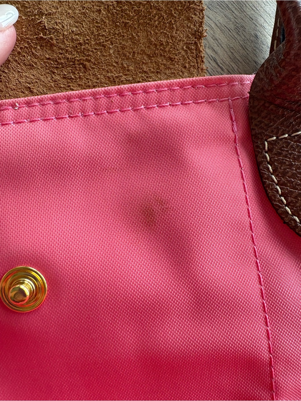 Longchamp Le Pliage Pink/Coral Nylon Tote with Brown Leather Trim - Picture 11 of 15